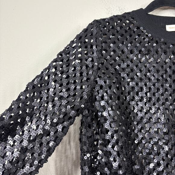 Tory Burch Small Black Lansing Sequin Open Knit Sweater Long Sleeve NWT - Picture 3 of 9